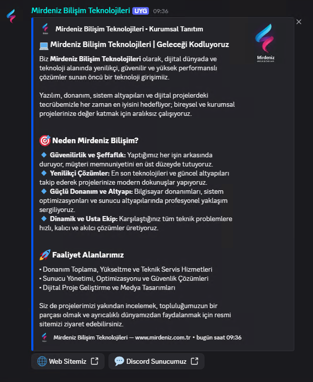Mirdeniz Bilişim Teknolojileri kurumsal tanıtım mesajı ve bağlantı butonları