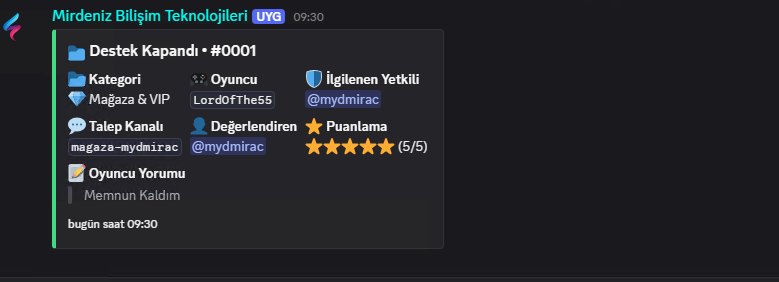 Destek Kapandı #0001 kayıt mesajı, 5 üzerinden 5 puan ve oyuncu yorumu
