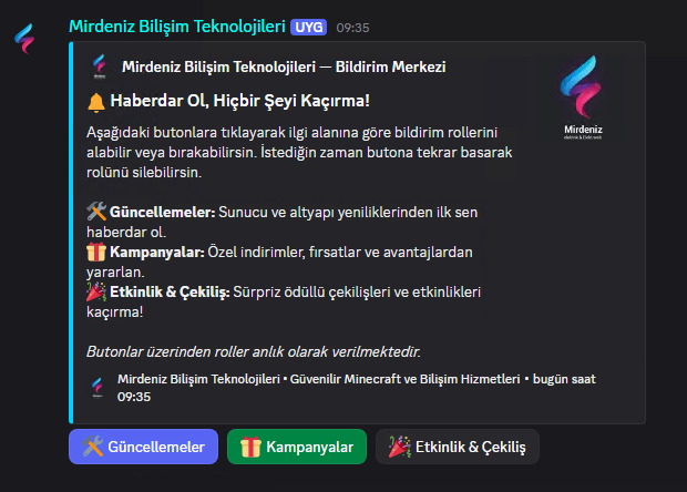 Bildirim Merkezi mesajı ve Güncellemeler, Kampanyalar, Etkinlik ve Çekiliş rol butonları