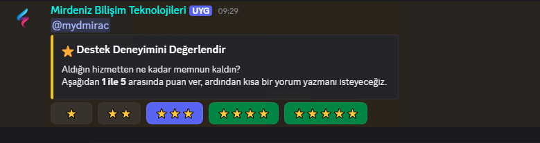 Destek deneyimini değerlendirme mesajı ve 1 ile 5 arası yıldız butonları
